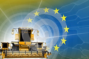 Farm machinery modernisation concept, 3 yellow modern farm combine harvesters on European Union flag - digital industrial 3D photo