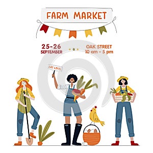 Farm Market banner. Farmer women in modern style. Harvest Festival or Eat Local concept. Girl power. Buy fresh organic products