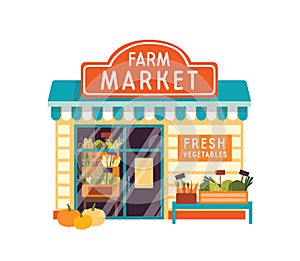 Farm market flat vector illustration. Food store building exterior. Vegetable shop facade with signboard isolated on