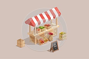 Farm market with heathy food, low poly isometric illustration