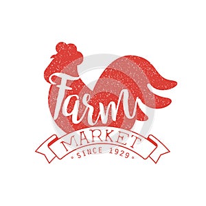 Farm Market Label with Red Rooster Silhouette, Restaurant Menu, Packaging, Meat Store, Butcher Shop Retro Badge Vector