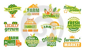 Farm market labels set of vector illustrations, banners and ribbons for organic, fresh and farmer products design. Green
