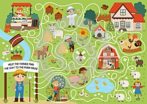 Farm maze for kids with rural village landscape, animals, barn, cottage. Country side preschool printable activity. Spring or photo