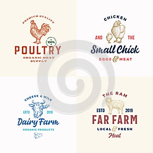 Farm Meat, Cheese and Poultry Logos Set. Abstract Vector Signs or Symbols Templates. Hand Drawn Domestic Animals and