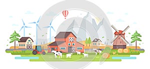 Farm by the mountains - modern flat design style vector illustration