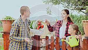 Farm neighbors talk at the border in village