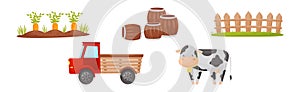 Farm Object with Carrot, Wooden Barrel, Fence, Truck and Cow Vector Set