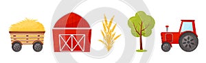 Farm Object with Hay Wagon, Barn, Tree and Tractor Vector Set
