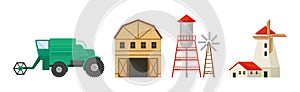 Farm Object with Machinery, Barn, Water Tower and Windmill Vector Set