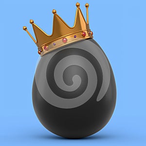 Farm organic black egg with gold royal king crown on blue background