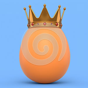 Farm organic brown egg with gold royal king crown on blue background