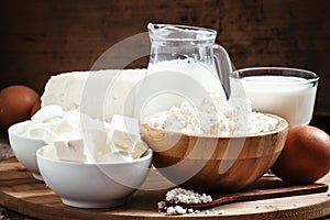 Farm organic dairy products: milk, yogurt, cream, cottage cheese