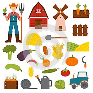 Farm organic food agriculture in village elements vegetables, fruits, hay, farm building, animals, farmer, tractor