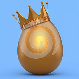 Farm organic gold egg with gold royal king crown on blue background