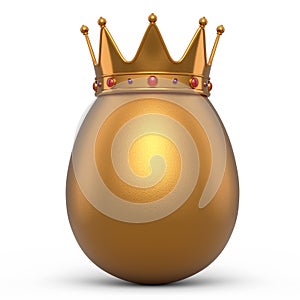 Farm organic gold egg with gold royal king crown on white background