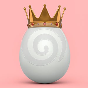 Farm organic white egg with gold royal king crown on pink background