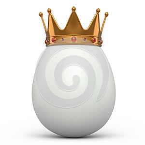 Farm organic white egg with gold royal king crown on white background