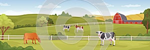 Farm panoramic landscape. Rural farmland cartoon background, agriculture abundance with cow and farmhouse in spring