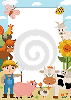 Farm party greeting card template with cute farmer, rural landscape and animals. Countryside poster or invitation for kids. Bright