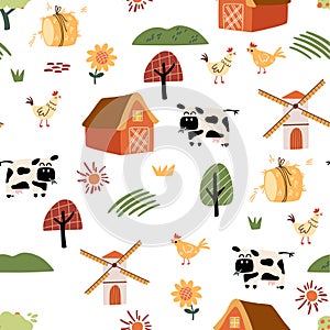 Farm cartoon seamless pattern. Funny domestic animals, countryside, houses and sheds with tractor and garden.