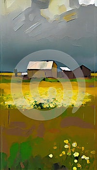 Farm on The Plains of Obscurity With Light Flowers on Canvas Oil Painting AI Generative