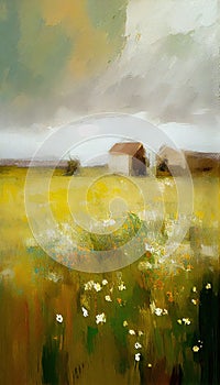 Farm on The Plains of Obscurity With Light Flowers on Canvas Oil Painting AI Generative