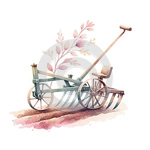 A farm Plow on a spring day. Watercolor on a white background.