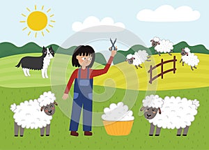 On the farm poster with cute animals. Girl shearing sheep and making wool on a green meadow