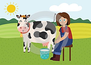 On the farm poster with cute girl milking a cow. Green meadow with farm characters