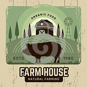 Farm poster. Village agricultural placard with countryside symbols recent vector stylized vintage template