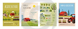 Farm posters. Agriculture field. Vegetable garden. Farmers orchard. Organic watercolor plants. Spring village with