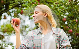 Farm produce organic natural product. Girl rustic style gather harvest garden autumn day. Farmer pretty blonde with