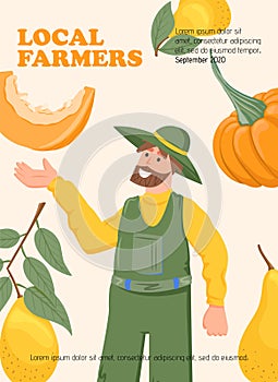 Farm products banner design for autumn harvest market. Happy smiling farmer and ripe sweet fruits and vegetables.