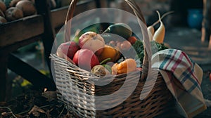 farm products in a basket. Fresh vegetables, cereal products in baskets. Farm products, seasonal vegetables.