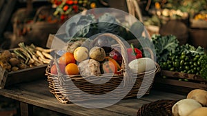 farm products in a basket. Fresh vegetables, cereal products in baskets. Farm products, seasonal vegetables.