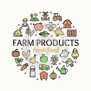 Farm Products Round Design Template Thin Line Icon Concept. Vector