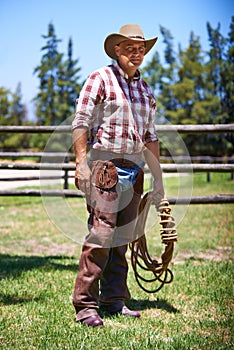 Farm, ranch and portrait of senior cowboy with rope lasso for horse, cows and rodeo animals for agriculture. Farming