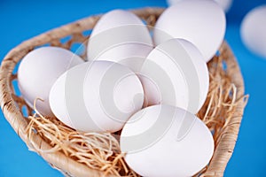 Farm raw, fresh white chicken egg in a basket on a blue background. Concept: a fresh egg for the morning breakfast