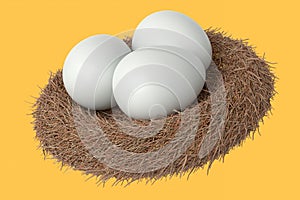 Farm raw organic white sugar-coated eggs bird nest isolated on yellow background