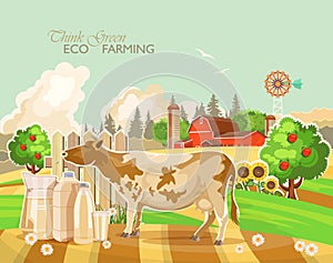 Farm rural landscape with cow. Think green. Agriculture vector illustration. Colorful countryside. Poster with vintage farm