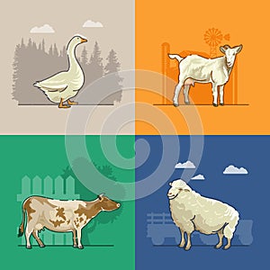 Farm rural landscape with goat, sheep, cow and goose. Agriculture vector illustration. Colorful countryside.