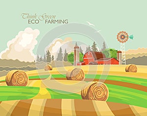 Farm rural landscape with haystacks. Agriculture vector illustration. Colorful countryside. Poster with vintage farm