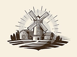 Farm, rural landscape logo or label. Agriculture, agribusiness, village, mill icon. Vintage vector illustration photo