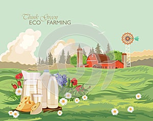 Farm rural landscape with milk. Think green. Agriculture vector illustration. Colorful countryside. Poster with vintage farm