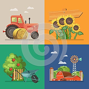 Farm rural landscape with tractor, sunflowers, farm and apple tree. Line. Agriculture vector illustration. Colorful countryside.