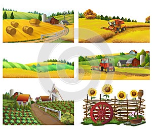 Farm, rural landscape, vector set