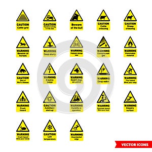 Farm safety hazard signs icon set of color types. Isolated vector sign symbols. Icon pack