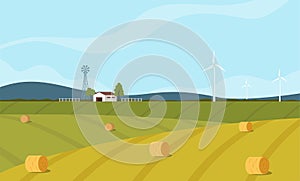 Farm scene with barn and windmill, trees, fence, haystacks. Rural landscape. Agriculture and farming concept. Cute vector