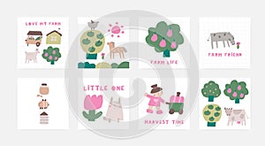 Farm scene compositions with cute characters