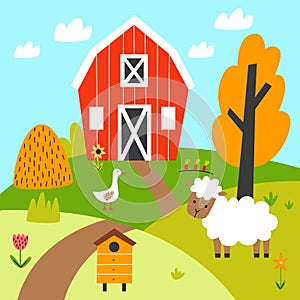 Farm scene with domestic animals, barn and tree. Cute sheep, goose. Autumn illustration in naive style.